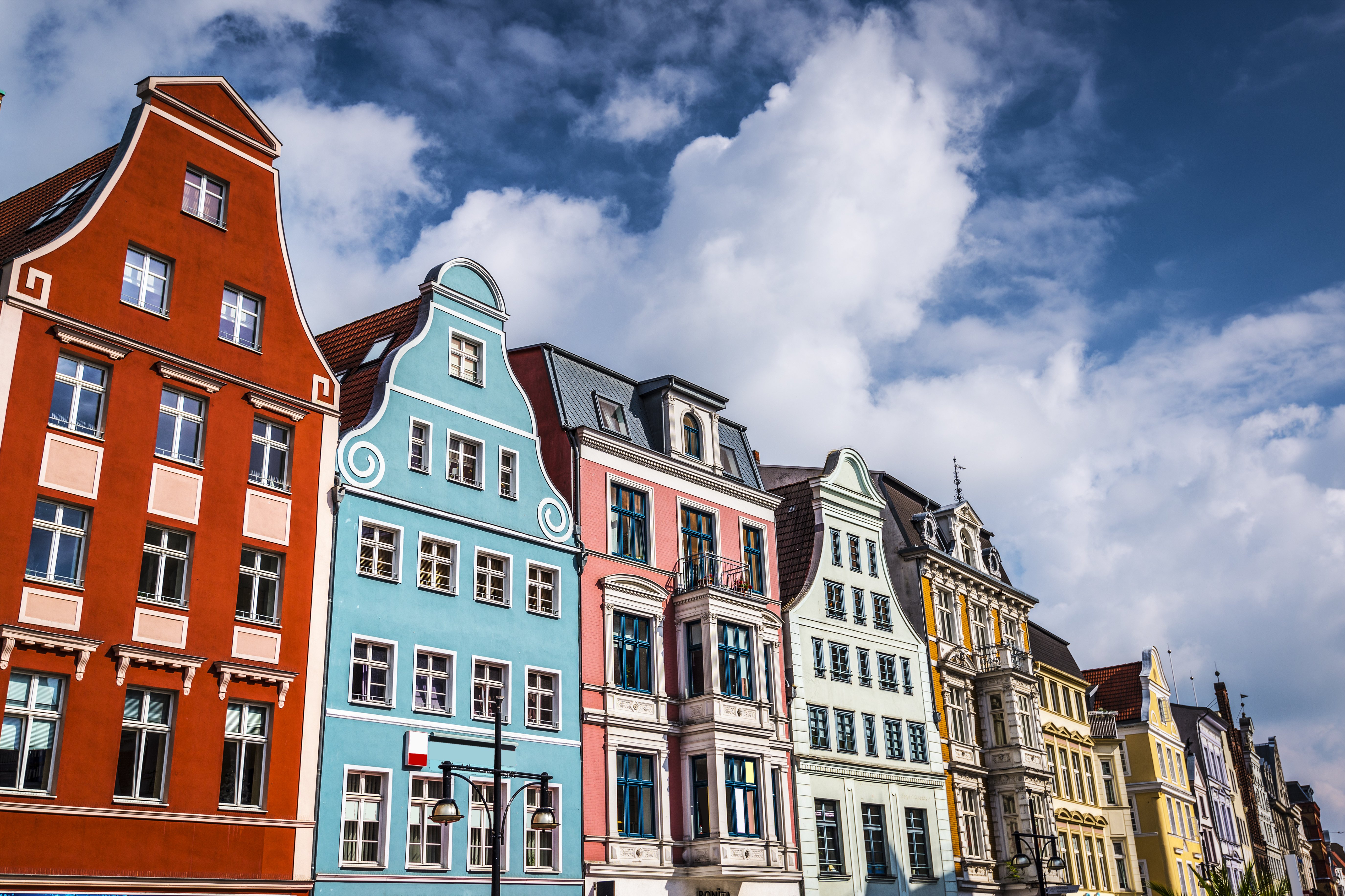 A colourful row of houses in the city centre of Rostock
