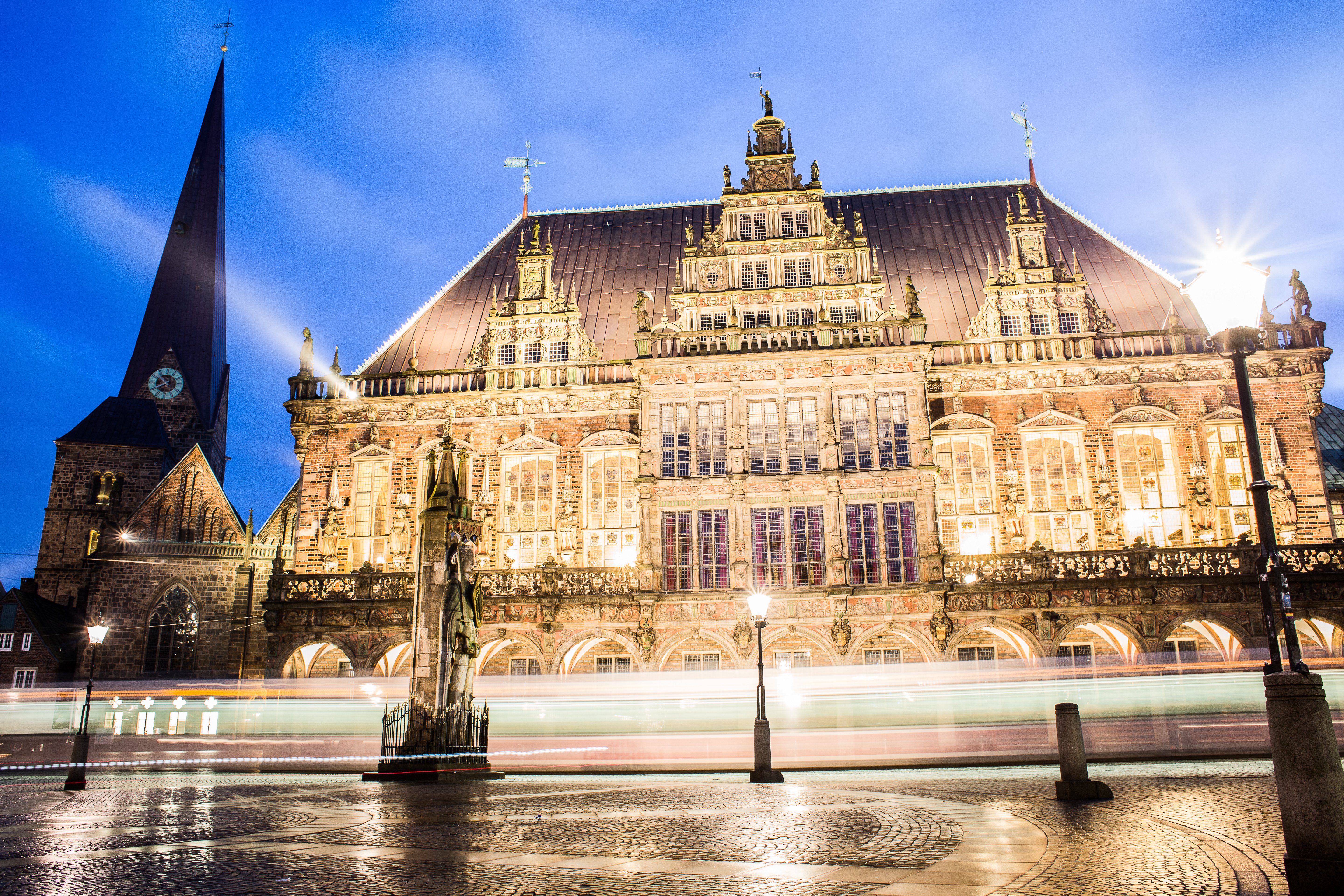 Beautiful city hall in Bremen by night with many lights