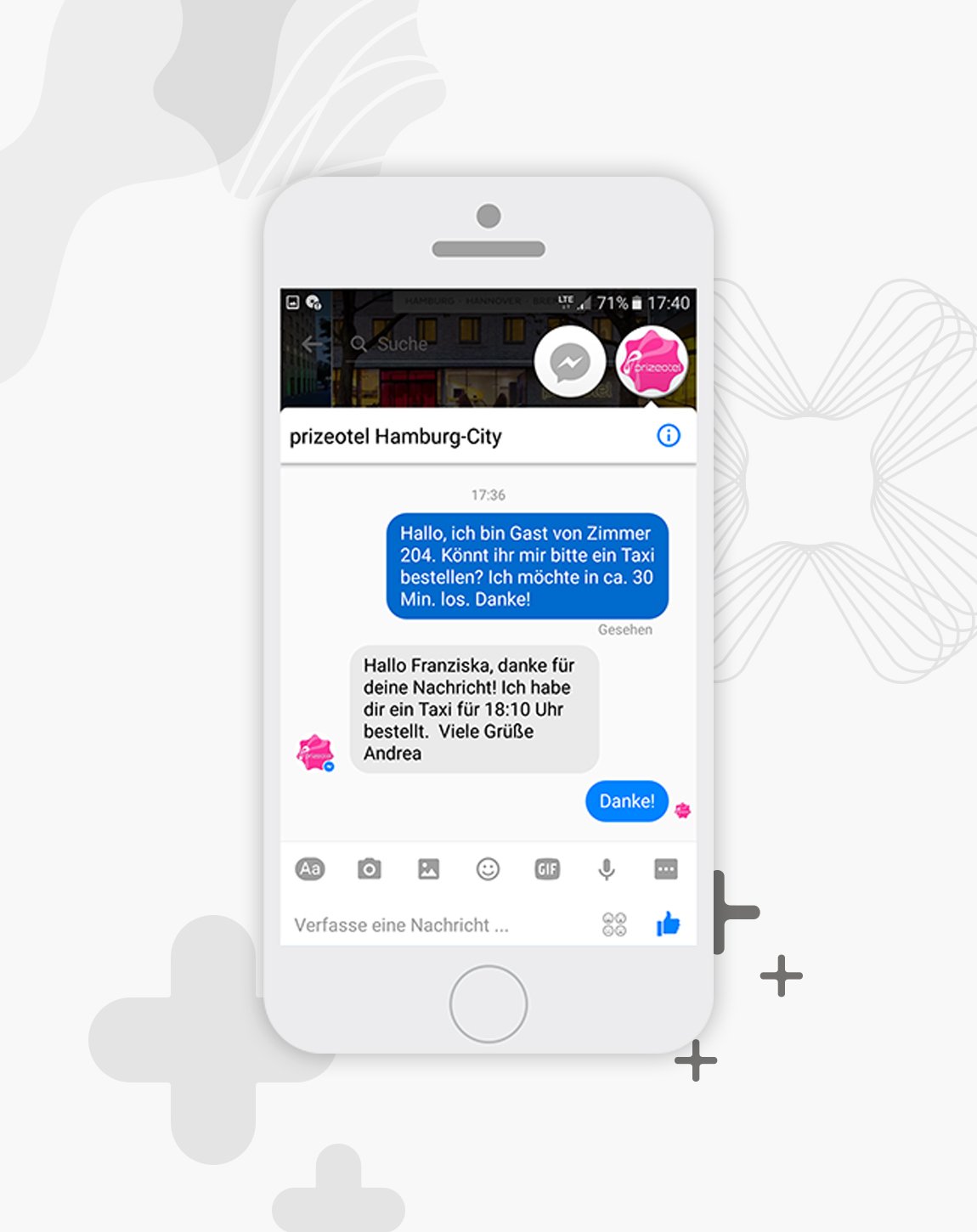 A screenshot shows the possibility to contact with prizeotels via Facebook Messenger chat