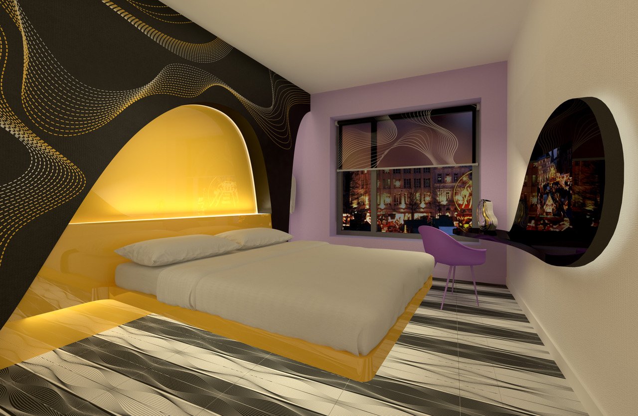 Ein modernes Hotelzimmer mit gelbem Bett und lila Stuhl