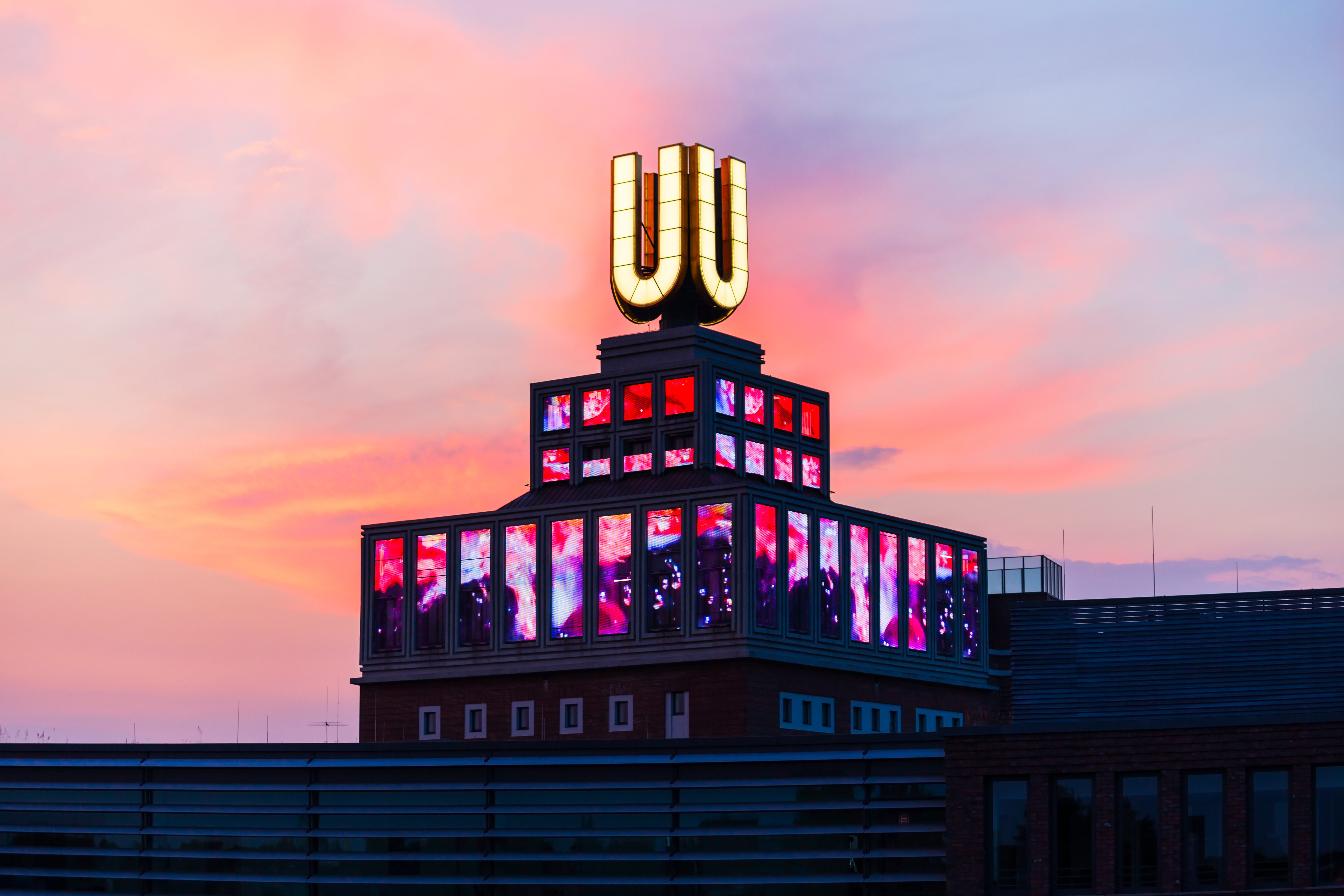 A bright building in cube shape on sunset in Dortmund-City