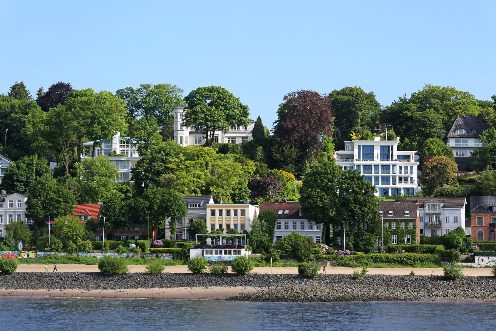 Eine Aufnahme von Hamburg Altona mit schönen, großen, villenartigen Häusern vom Wasser aus 