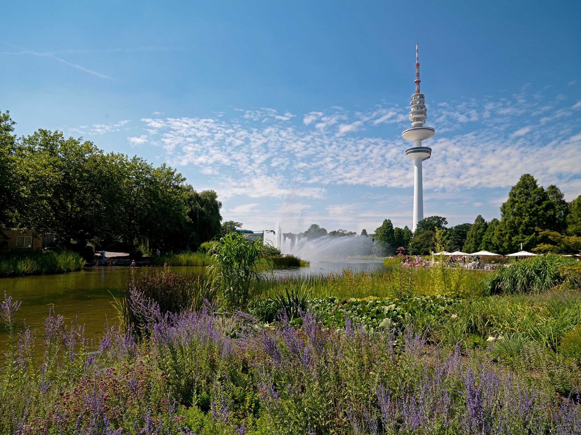 A sunny day at the park in Hamburg with the TV Tower, many flowers and a fountain over the river