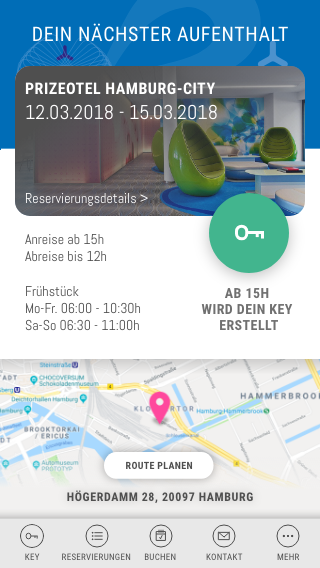 Homepage der mobilen App von prizeotel
